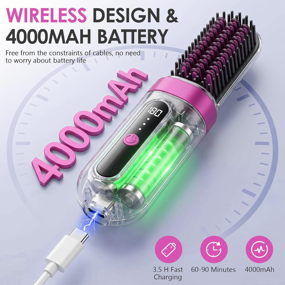 Tragbare Glättungsbürste für Haarstyling, Bwaliffury Kabellose Glättbürste, 4000mAh Wiederaufladbare