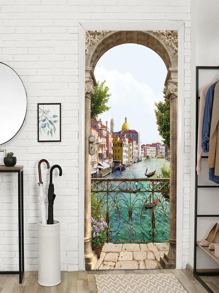 FLFK 3D Italien Flussseitenstadt Wohnzimmer Türtapete Wandbilder Selbstklebend Tür Poster Vinyl Entf
