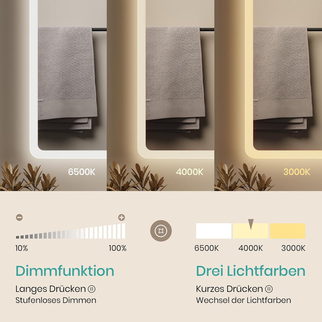 EMKE® 7 in 1 Badspiegel mit Beleuchtung 100x60cm Badezimmerspiegel 3000K/4000K/6500K Touch+Dimmbar+B