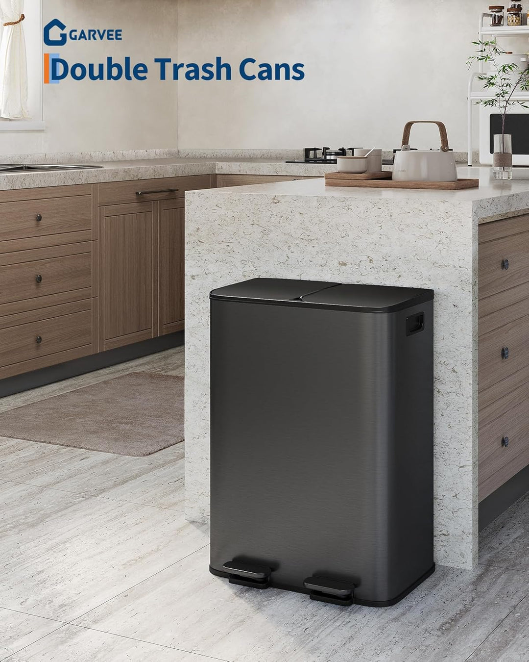 GarveeHome Mülleimer Küche, 2 x 30 L, Mülltrennsystem 2 Fächer, Metall-Tretmülleimer mit Seitlichem