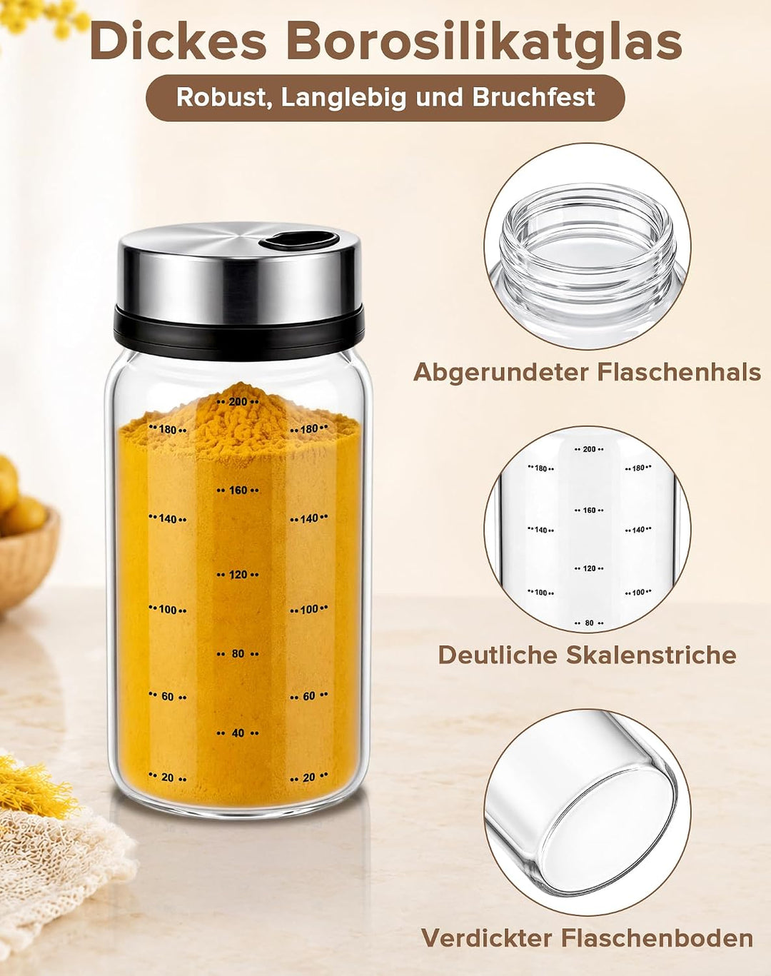 5 Stk Gewürzgläser mit Drehdeckel, Borosilikatglas Gewürzstreuer | 200ml Gewürzgläser Glas Rund mit