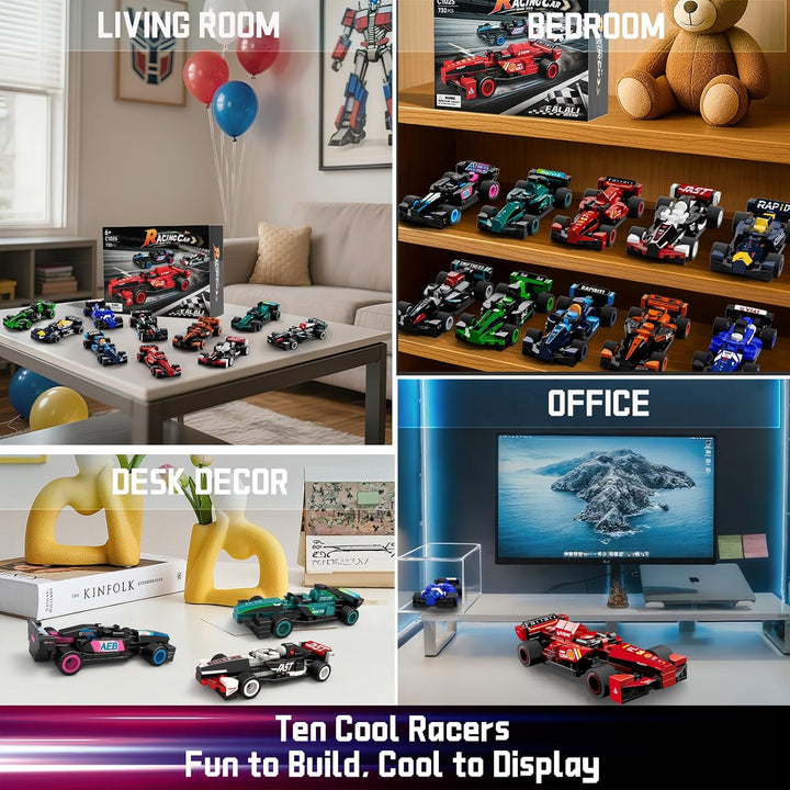 F1 Speed Champions Bausatz, Formel 1 Modellauto Set mit 10 Rennwagen,732 Teile, Home Deko und Geburt