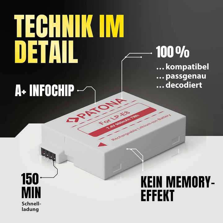 PATONA 2X Akku Ersatz für Canon LP-E8 LP-E8 Battery Pack 950mAh 7.4V 7Wh | Ersatzakku für EOS 550D 6