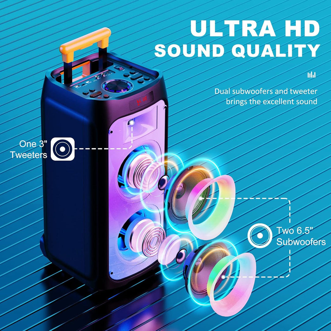 JYX Karaoke Anlage mit 2 drahtlosen Mikrofonen, Grosser Karaoke Lautsprecher Bluetooth mit Rädern un