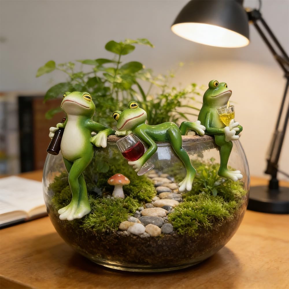 3 Stück Frosch Blumentopf Hänger, Frosch Deko Garten, Harz Lustige Figuren Gartendeko, Gartenfigur S