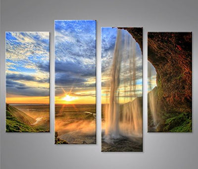 islandburner Bild Bilder auf Leinwand Wasserfall V4 4er XXL Poster Leinwandbild Wandbild Dekoartikel