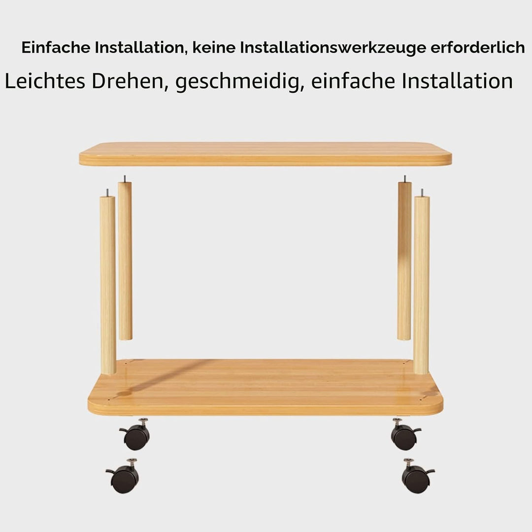 Beistelltisch, 2-Ebenen-Holz-Beistelltisch, 360°-drehbar auf Rollen, einfache Montage, Massivholz-So