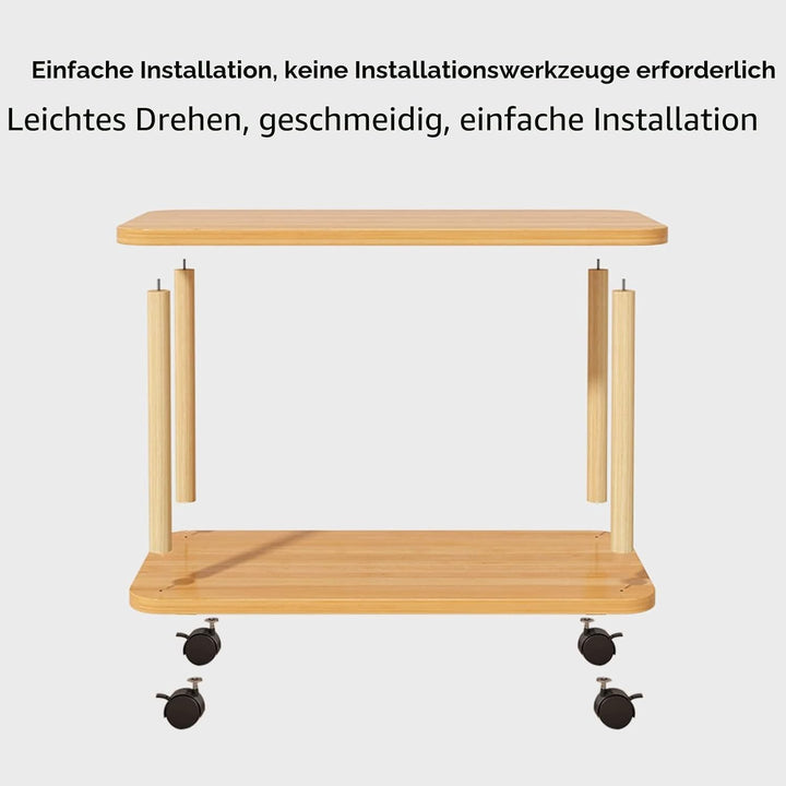 Beistelltisch, 2-Ebenen-Holz-Beistelltisch, 360°-drehbar auf Rollen, einfache Montage, Massivholz-So
