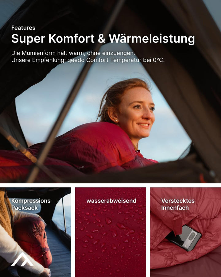 qeedo Daunenschlafsack 4 Jahreszeiten – warm &amp; komprimierbar, Komfort 0 °C, in 2 Grössen, RDS Daune,