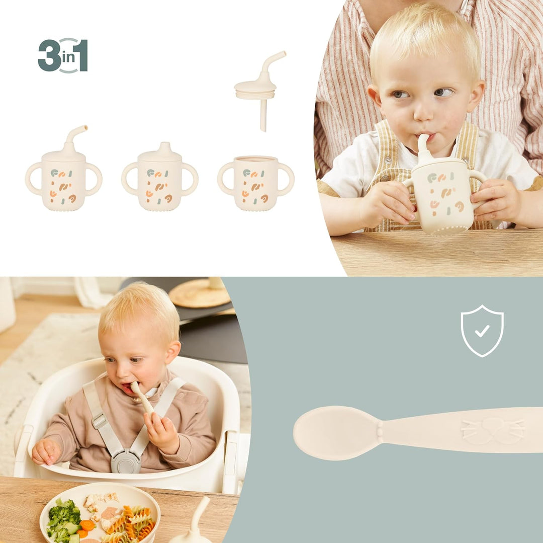 Babymoov Baby Geschirrset Little Roar - ab 9 Monate - 3er Set Silikon, Trinklernbecher, Teller mit S
