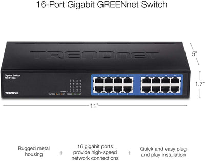 TRENDnet TEG-S16DG 16-Port Unverwalteter Gigabit GREENnet Desktop Metall Switch, Lüfterlos, 16x RJ-4