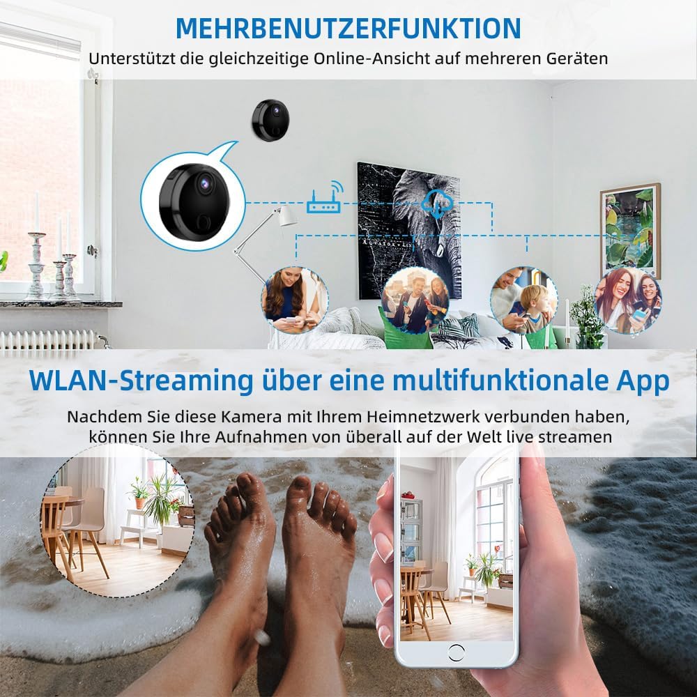 Mini Kamera 1080P – WLAN Überwachungskamera Innen mit Live-Übertragung per App, Bewegungserkennung,