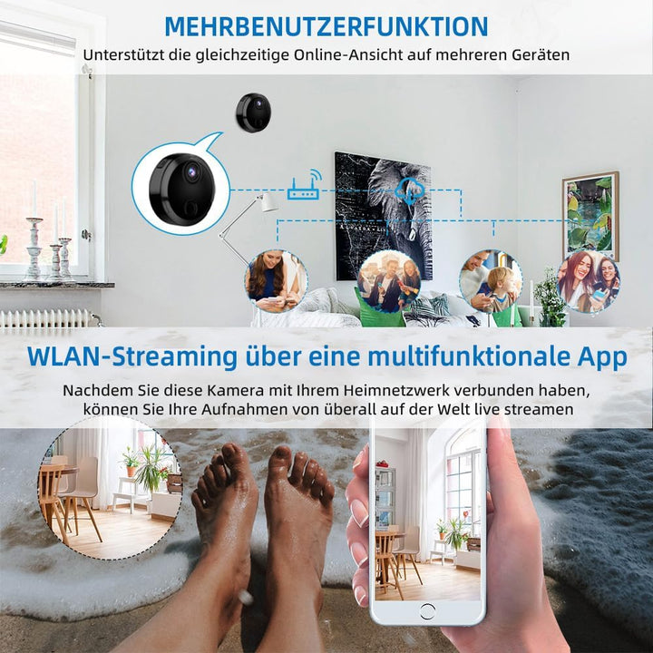 Mini Kamera 1080P – WLAN Überwachungskamera Innen mit Live-Übertragung per App, Bewegungserkennung,