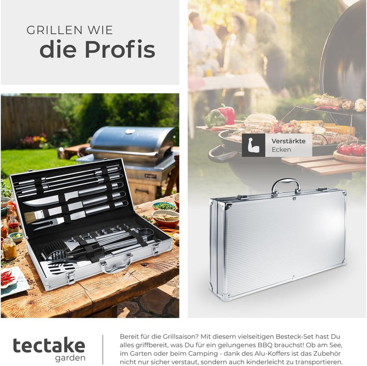 tectake® 18-TLG. Edelstahl Grillbesteck, Grillzubehör für Kugelgrill, Smoker, Kohlegrill, im Garten,