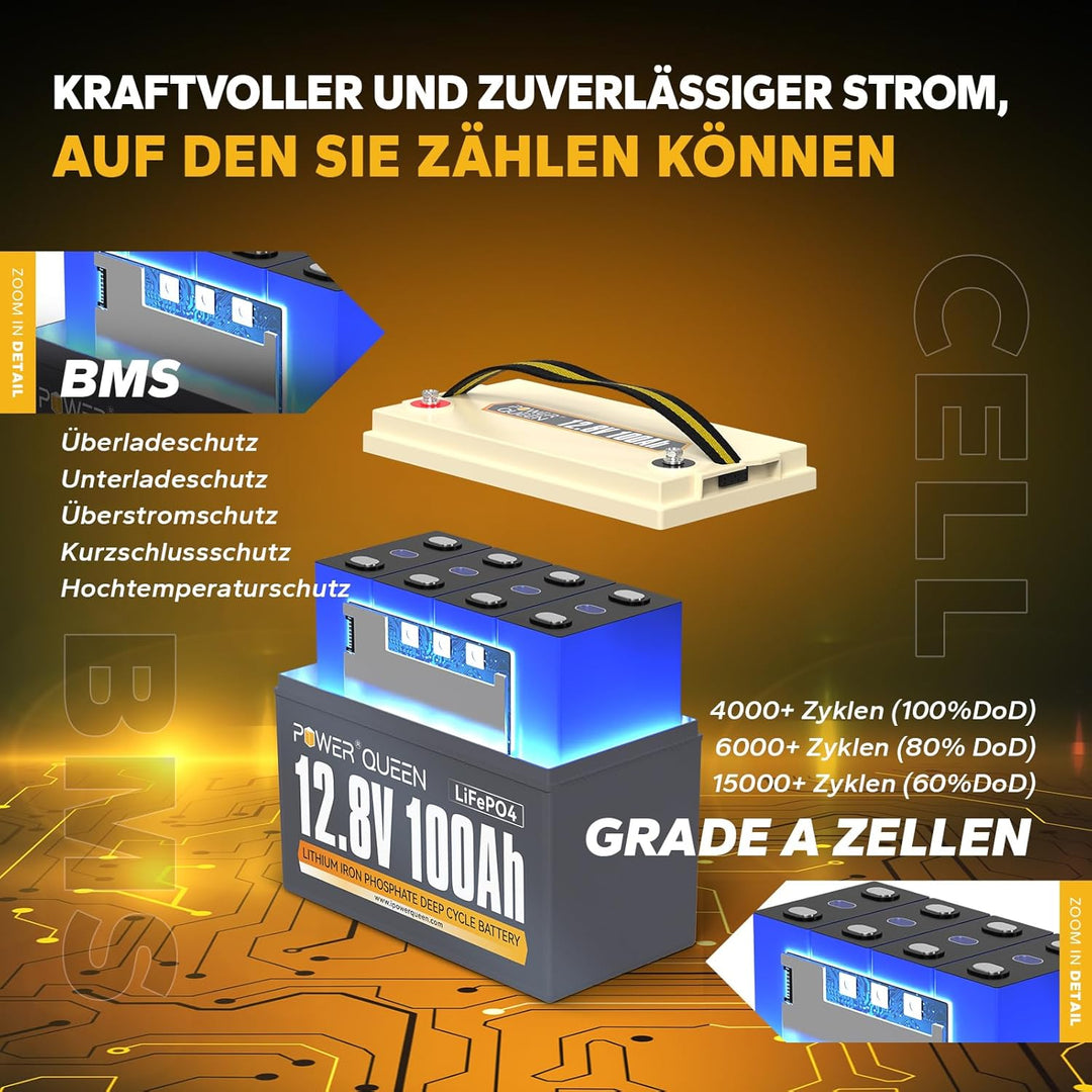 Power Queen 12V 100Ah Lithium LiFePO4 Batterie, gebaut in Smart 100A BMS, Niedrigtemperaturschutz 40