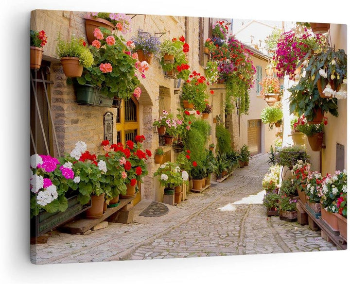 Bilder auf Leinwand Blume Strasse Haus Leinwandbild mit Rahmen 70x50cm Wandbilder Dekoration Wohnzim