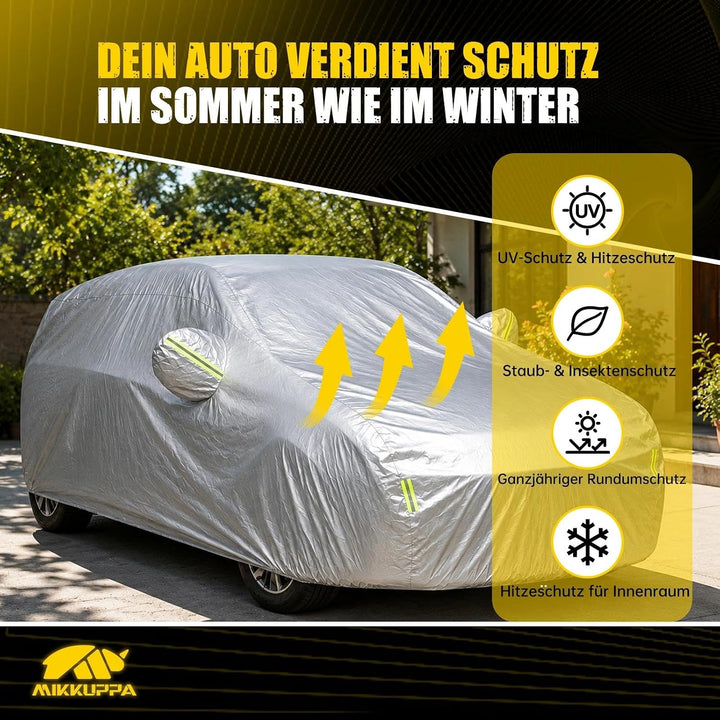 MIKKUPPA Hagelschutzplane Auto‑SUV, Autoabdeckung für SUV 465‑485 cm | Silberne Vlies‑Autoplane mit
