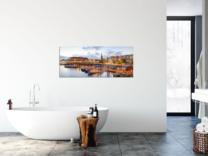 Pixxprint Glasbild Panorama, Wandbild aus Echtglas, Hamburger Hafen am Abend, 100x40 cm, inkl. Aufhä