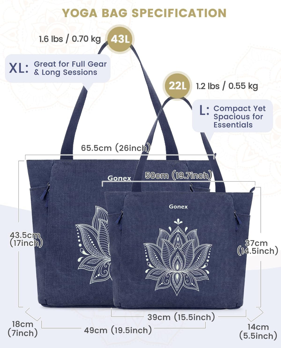 Gonex Yogatasche, Grosse Pilates Tragetasche mit Mehreren Taschen für Damen Herren, Robuste Canvas T