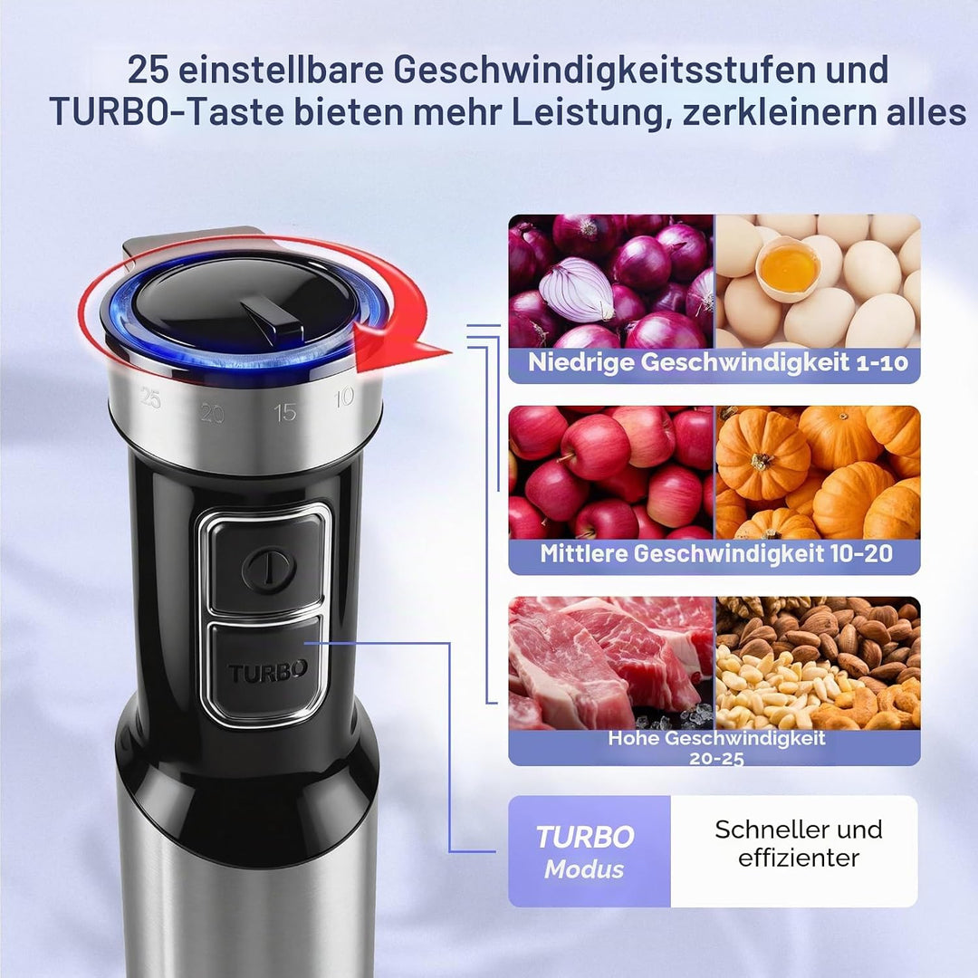 1500W Stabmixer, 2-in-1 Pürierstab, 25 Geschwindigkeitsstufen &amp; TURBO-Stabmixer Set, 4 Scharfe Kling