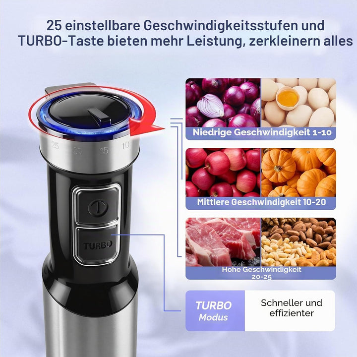 1500W Stabmixer, 2-in-1 Pürierstab, 25 Geschwindigkeitsstufen &amp; TURBO-Stabmixer Set, 4 Scharfe Kling