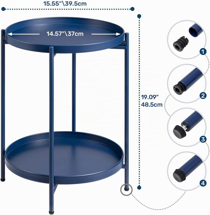 HollyHOME Runder Beistelltisch, 2 Ebenen Beistelltisch Metalltablett, Snacktisch, Couchtisch, Teetis
