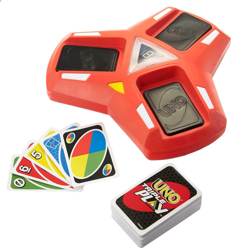 Mattel Games UNO Triple Play, Uno Kartenspiel für die Familie, mit Licht und Soundeffekten, Perfekt