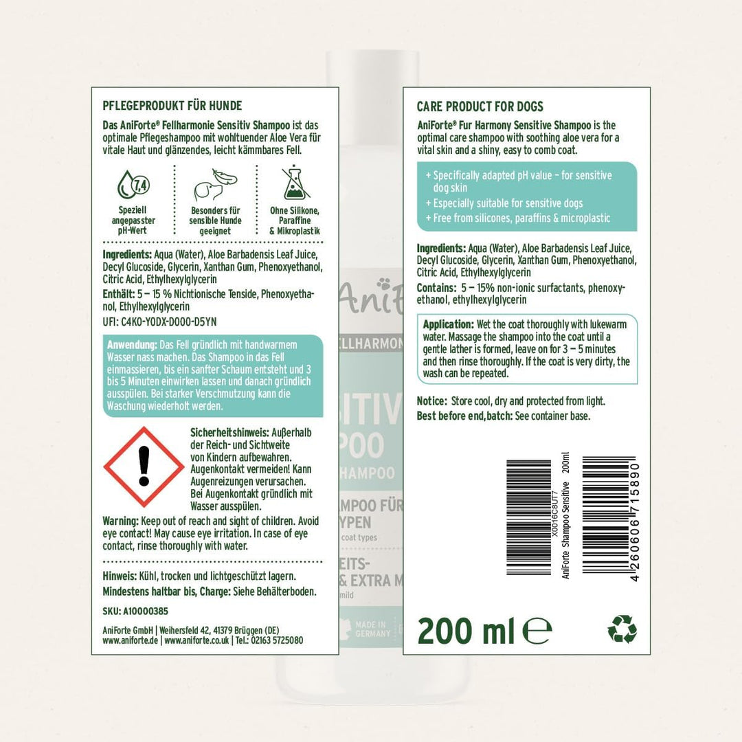 AniForte Fellharmonie Hundeshampoo Sensitiv mit Aloe Vera 200ml – Für leicht kämmbares Fell & Vitale