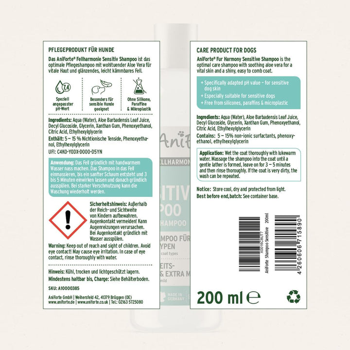 AniForte Fellharmonie Hundeshampoo Sensitiv mit Aloe Vera 200ml – Für leicht kämmbares Fell & Vitale