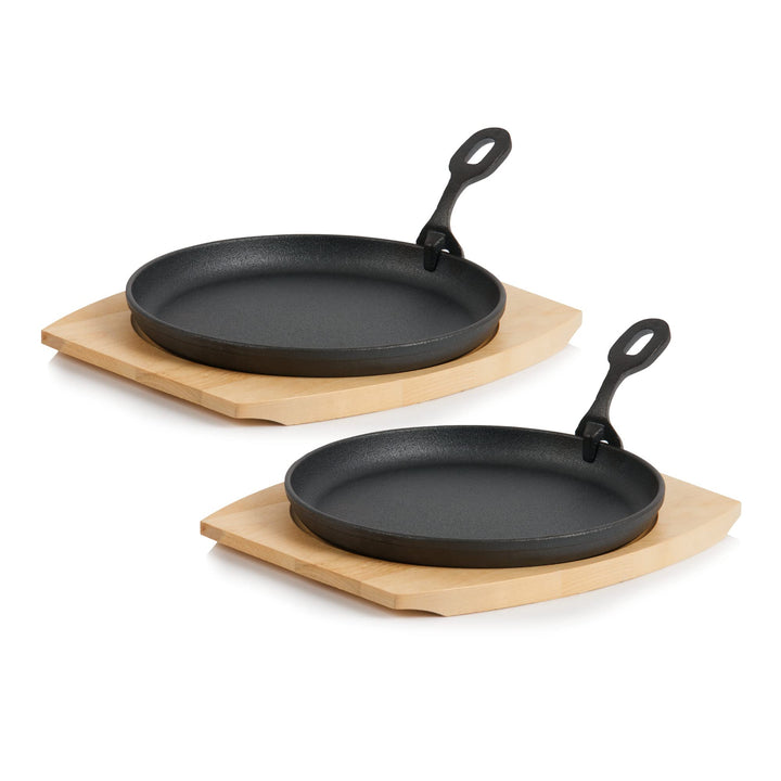 BBQ-Toro Gusseisen Servierpfännchen mit Holzunterlage (2 Stück) | Ø 22 cm - rund | bereits eingebran