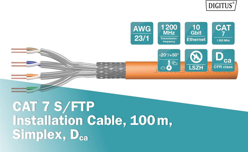 DIGITUS 100 m Cat 7 Netzwerkkabel - S-FTP (PiMF) Simplex - BauPVO Dca - LSZH Halogenfrei - 1200 MHz