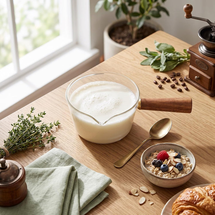 Stielkasserolle, Glas Milchtopf mit Holzgriff Kochtopf Stieltopf Nudeltopf mit V-förmige Tülle Sauce