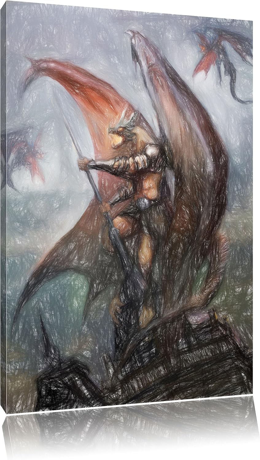 Pixxprint Drachenmann / 100x70cm Leinwandbild bespannt auf Holzrahmen/Wandbild Kunstdruck Dekoration