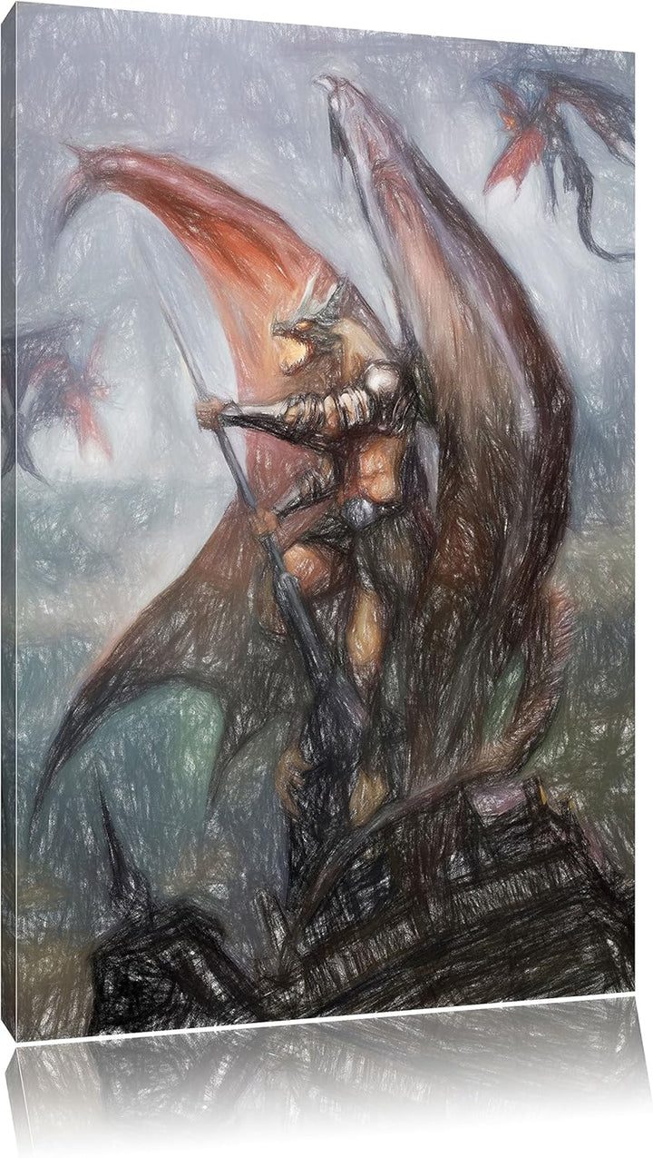 Pixxprint Drachenmann / 100x70cm Leinwandbild bespannt auf Holzrahmen/Wandbild Kunstdruck Dekoration