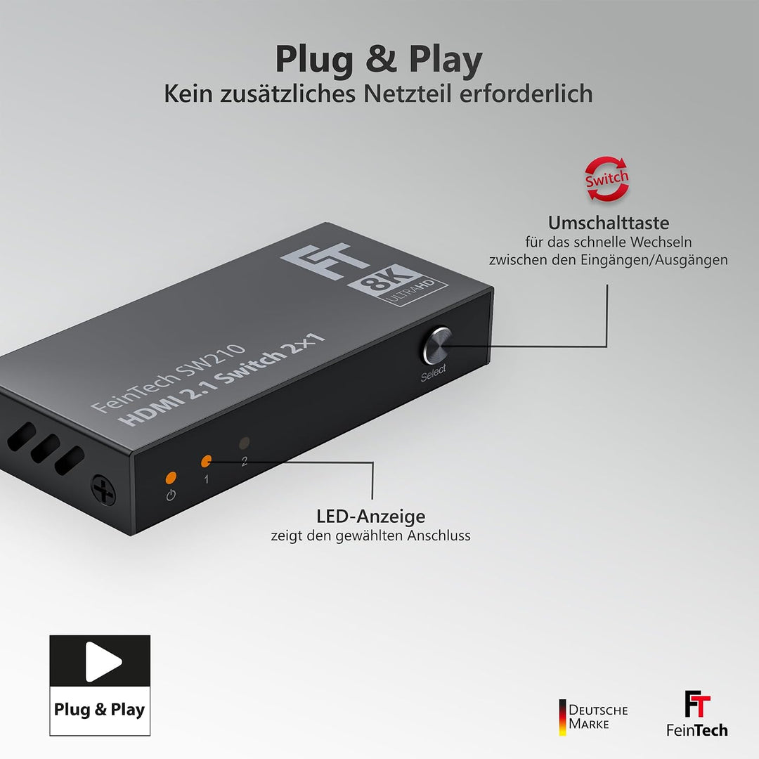 FeinTech SW210 HDMI Switch 4k 120Hz 2 In 1 Out oder 1 In 2 Out Bi-Direktional, 8K, 48Gbps, 2.1 Switc