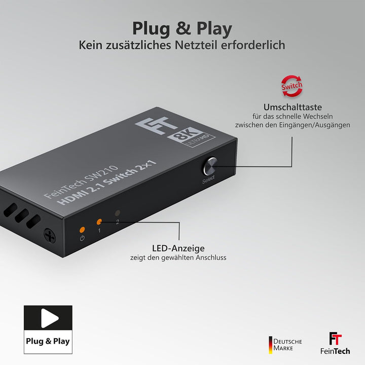 FeinTech SW210 HDMI Switch 4k 120Hz 2 In 1 Out oder 1 In 2 Out Bi-Direktional, 8K, 48Gbps, 2.1 Switc