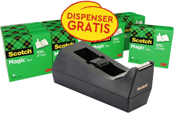 Scotch Schreibtisch-Klebebandabroller, Schwarz + Scotch Magic Unsichtbares Klebeband, 19 mm x 33 m,