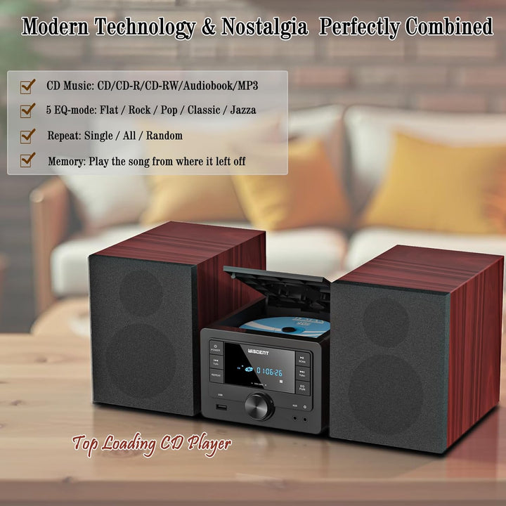 Bluetooth Stereoanlage 40W für Zuhause, CD-Player mit Wireless Streaming, USB MP3 Wiedergabe, FM Rad
