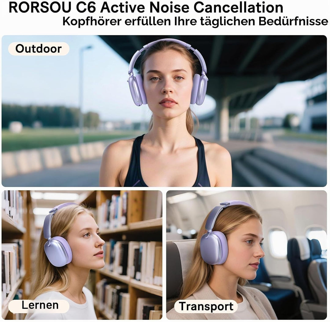 RORSOU C6 Aktive Noise-Cancelling-Kopfhörer, Drahtlose Over-Ear Bluetooth-Kopfhörer, 60 Stunden Spie
