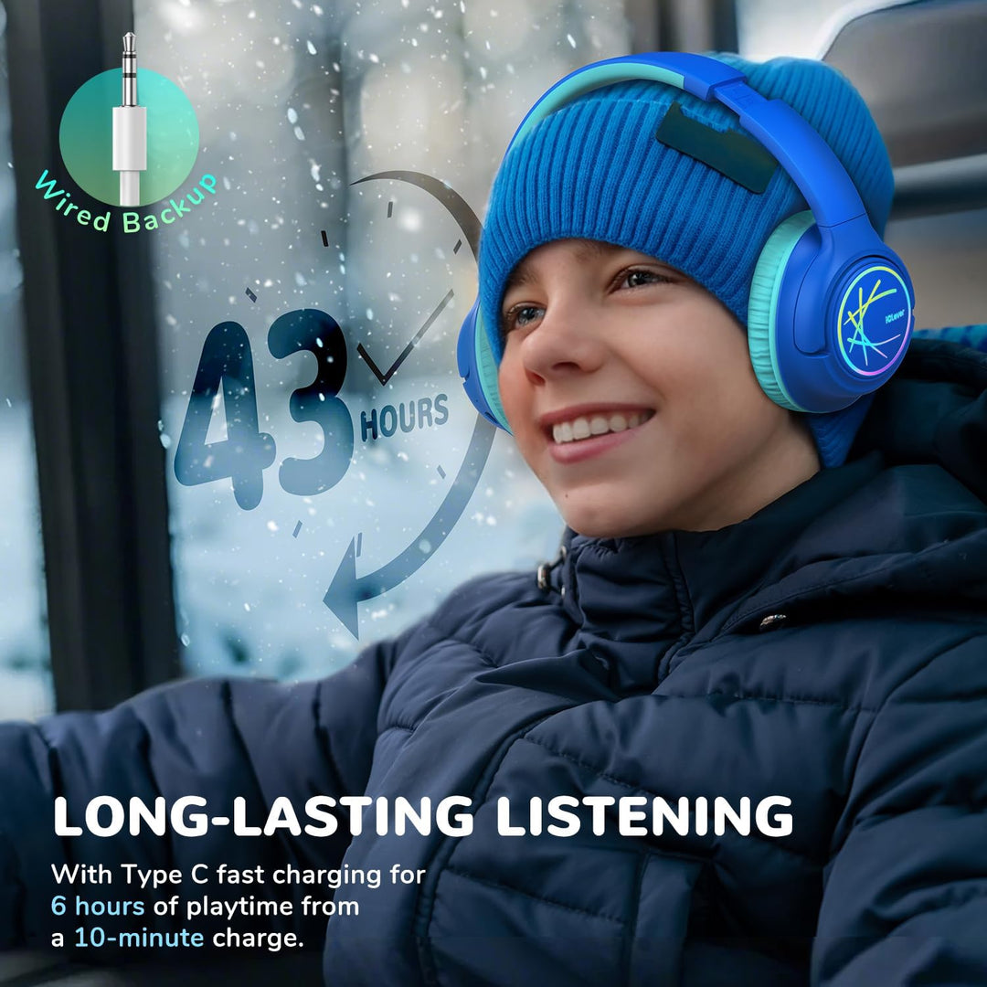 iClever Bluetooth kopfhörer Kinder mit LED-Leuchten, 74/85/94dB Lautstärkebegrenzung, 43 Stunden Spi