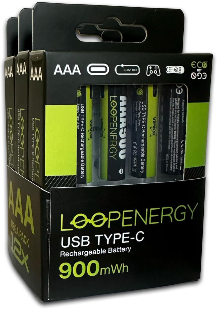 VERICO LoopEnergy AAA 900 Wiederaufladbare USB-C Batterie AAA 1,5V 900mWh (600mAh) Li-Ion, Schnellla