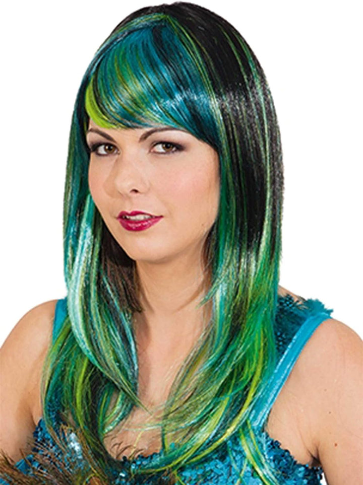 Faschingsperücke Damen Pfauen Lady, schwarz-blau-grün