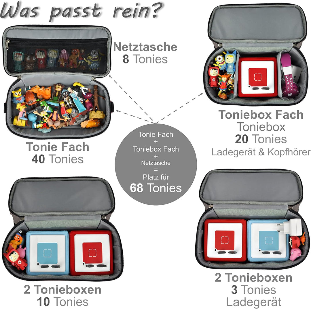 PUNALU grosse Tasche für Toniebox, Platz für 68 Tonie Hörfiguren, Toniebox Tasche (grau), Grau