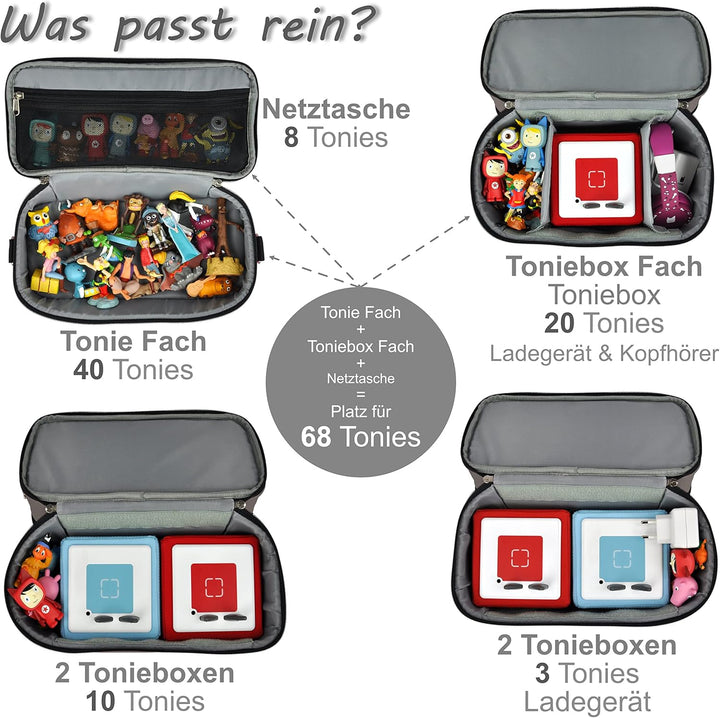 PUNALU grosse Tasche für Toniebox, Platz für 68 Tonie Hörfiguren, Toniebox Tasche (grau), Grau