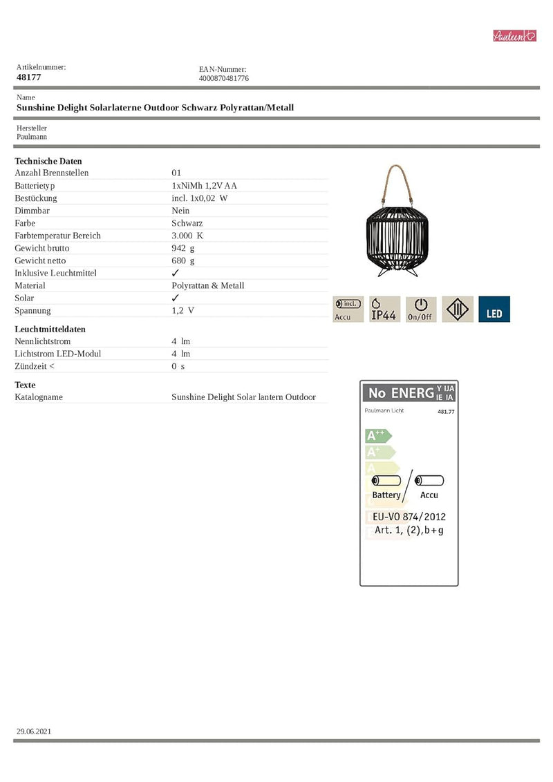 Pauleen 48177 Sunshine Delight Solar-Laterne für Balkon oder Garten Schwarz, Grau Aussenbeleuchtung