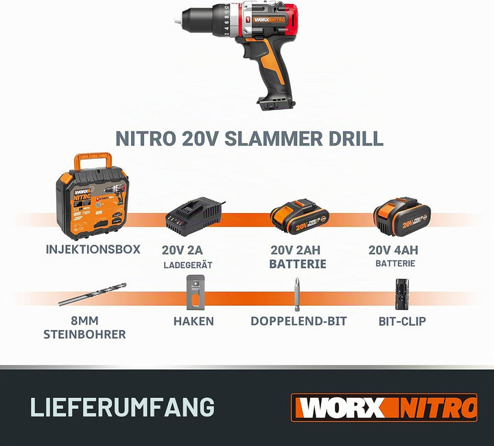 WORX NITRO 18V (20V MAX) Akku-Schlagbohrer WX354.1, PowerShare PRO, Hammerbohrer, bürstenloser Motor