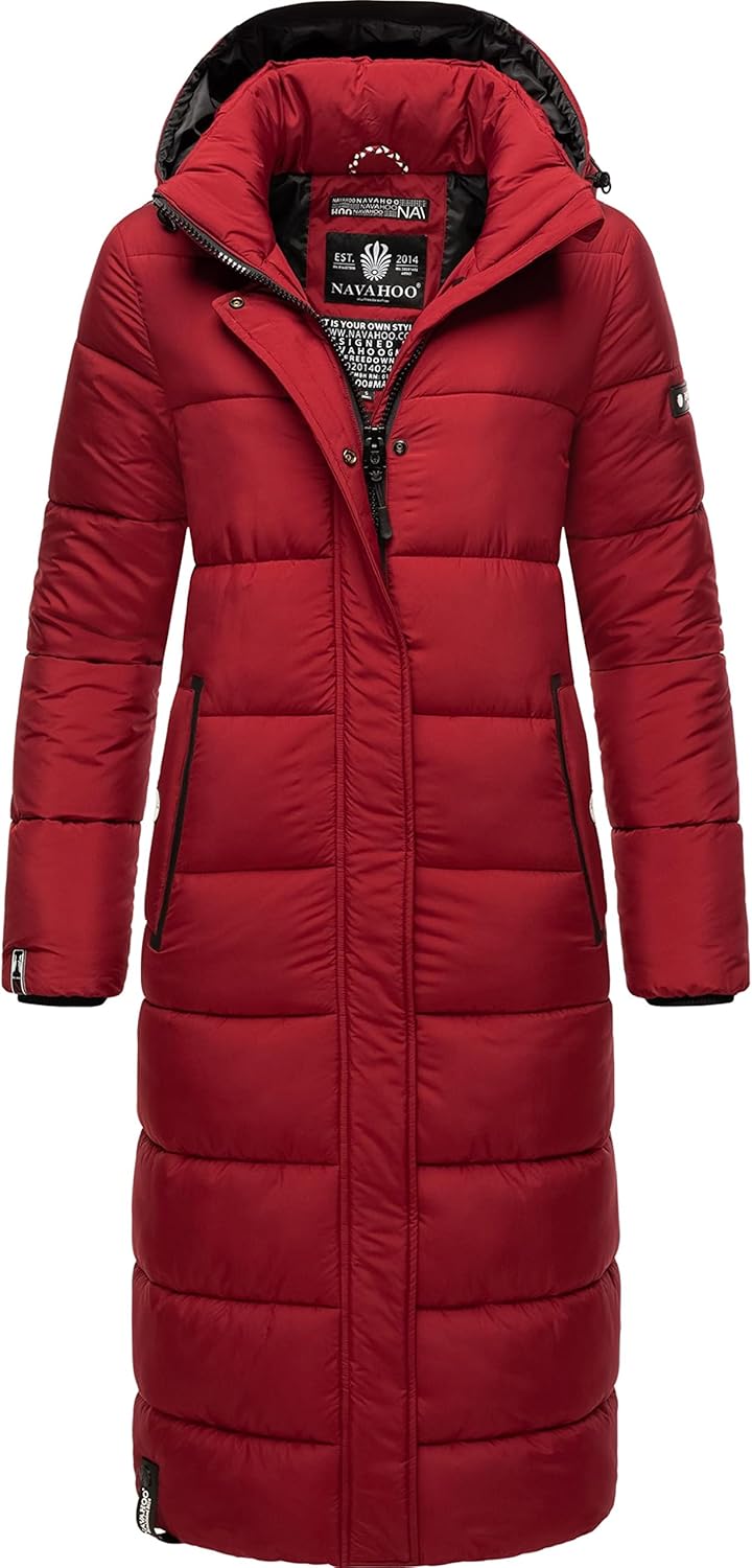 Navahoo Damen Wintermantel Warmer Steppmantel lang mit Abnehmbarer Kapuze Isalie XS-XXL M Dark Red,