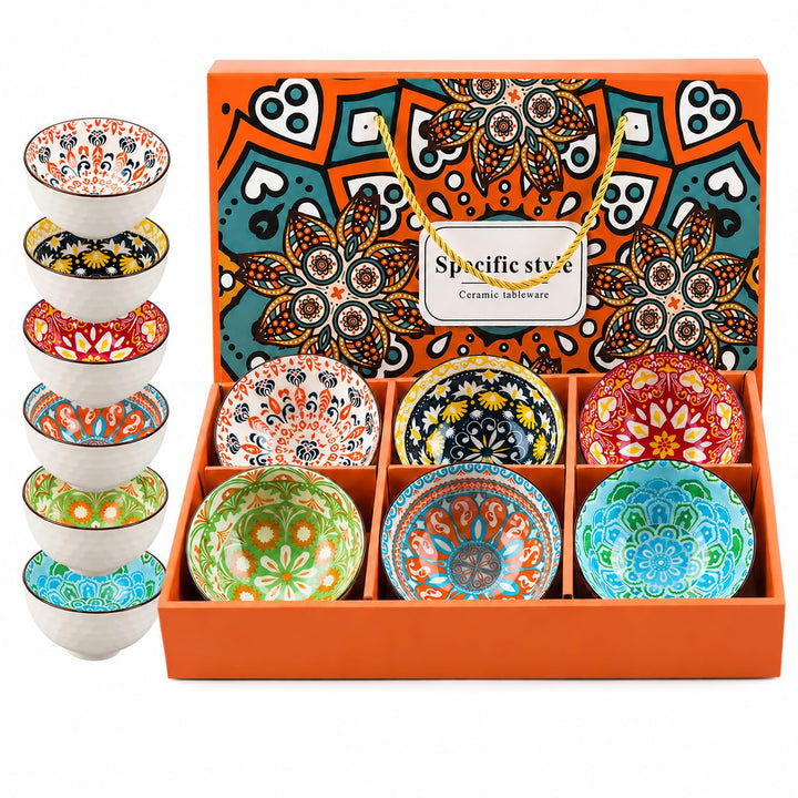 Topsky Dessertschalen Porzellan 6er Set 300ml–Müslischalen/Dipschalen | Boho Stil, Geschenkbox, Bunt