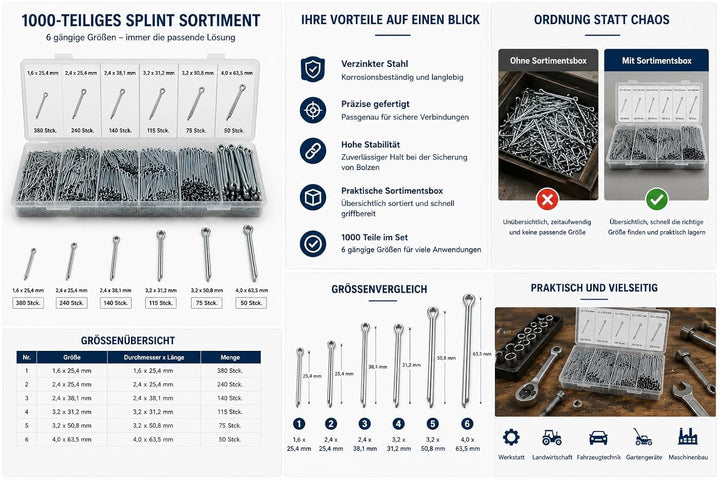 Sicherungssplinte Splinte Sortiment Sortimentskasten Länge 25-64 mm 1000-tlg. (im Aufbewahrungsbox/S