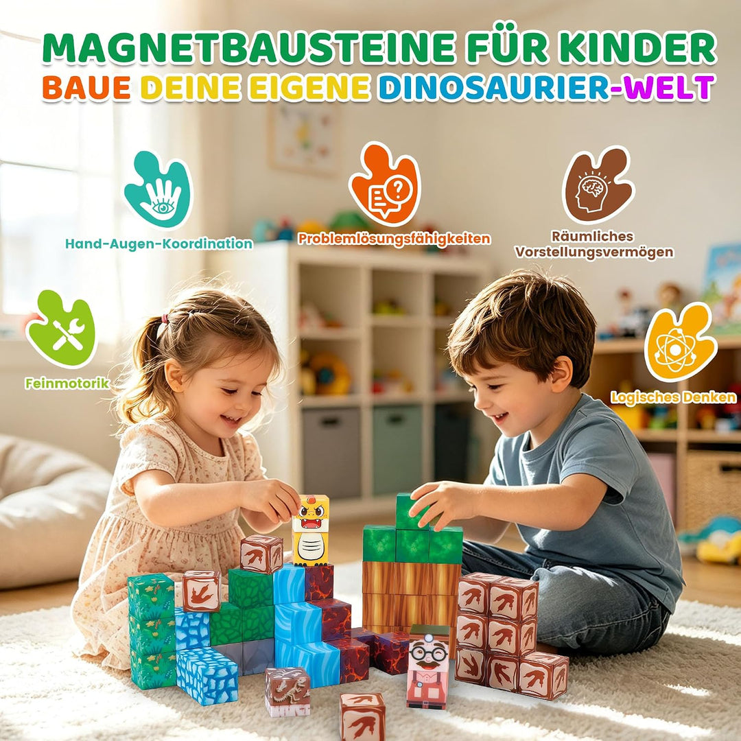 DQMOON Spielzeug ab 3 Jahren, 52 Teile Magnetbausteine Kinder mit Dinosaurier Figuren und tragbarer